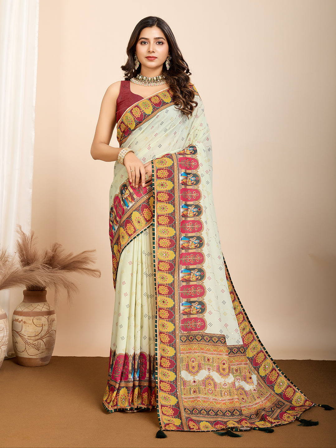 VEDANTA VASTRAM MASLIN COTTON DIGITAL PRINTED EMBROIDERED WORK SAREE