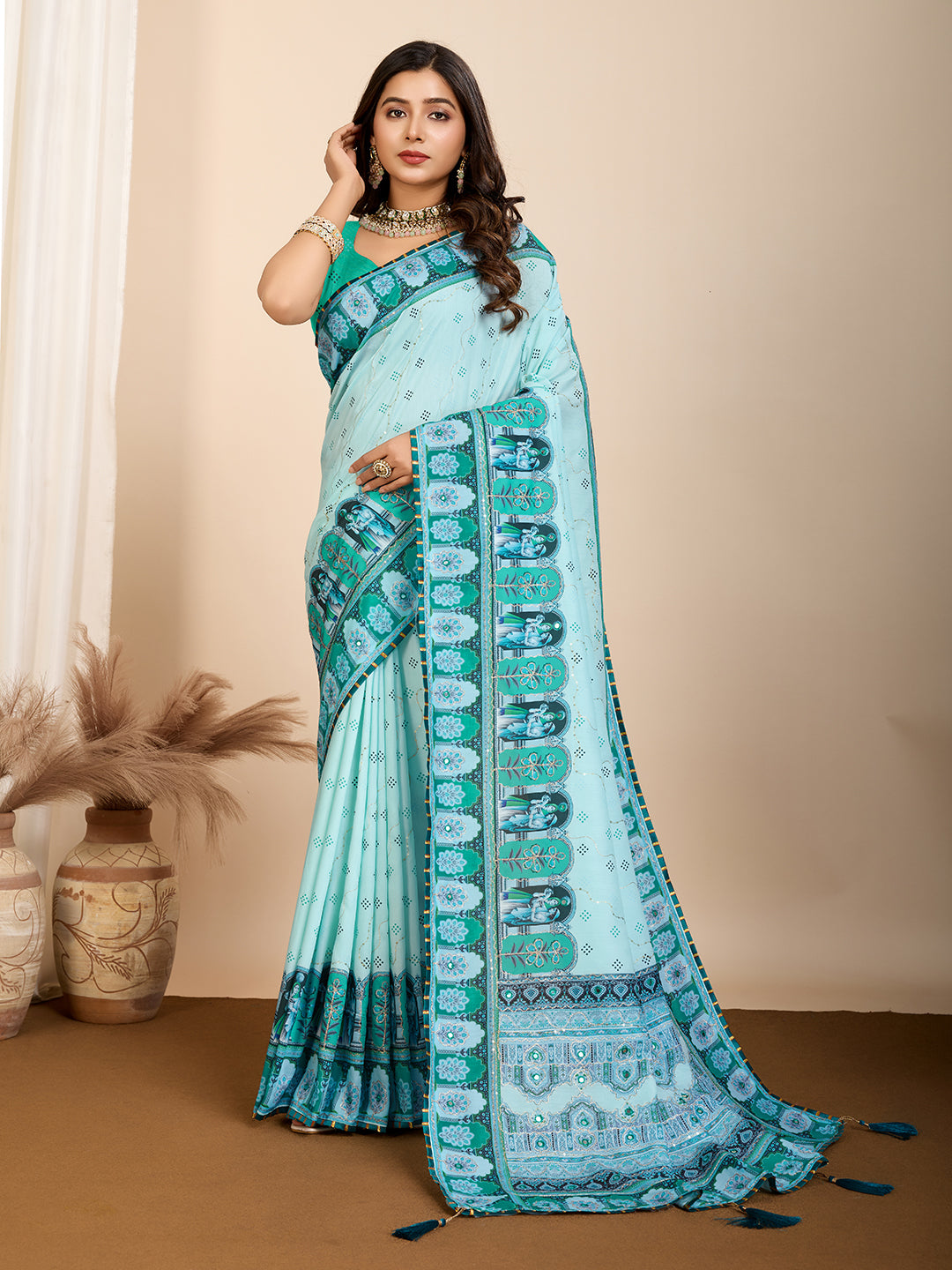 VEDANTA VASTRAM MASLIN COTTON DIGITAL PRINTED EMBROIDERED WORK SAREE