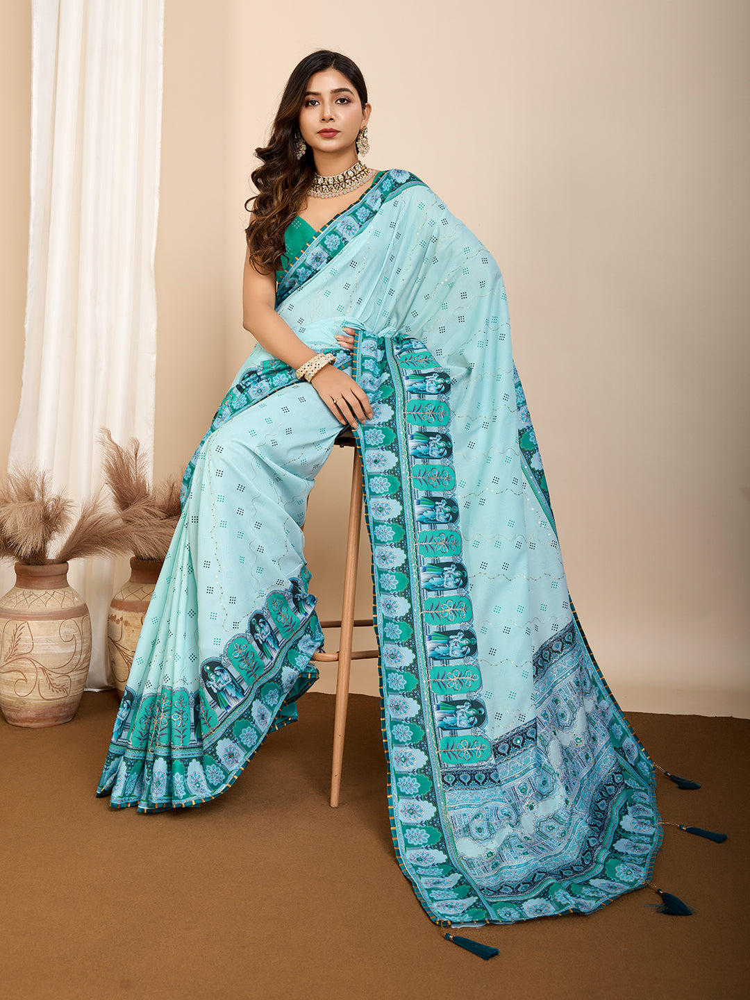 VEDANTA VASTRAM MASLIN COTTON DIGITAL PRINTED EMBROIDERED WORK SAREE