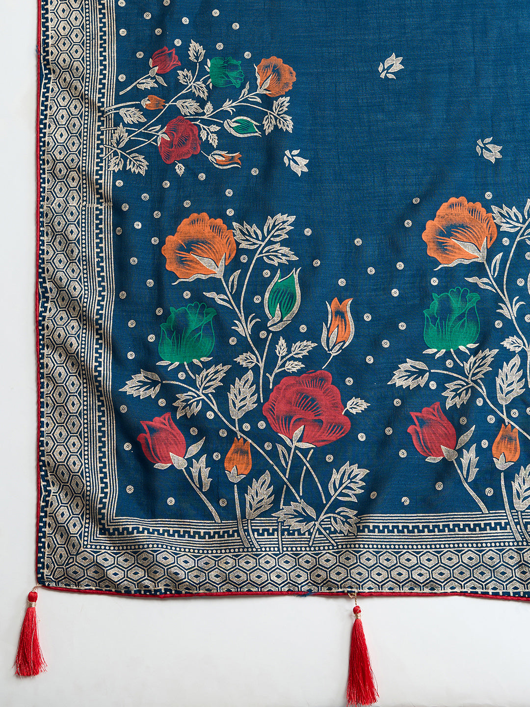 TEAL PRINTED COTTON SAREE WITH BLOUSE PIECE