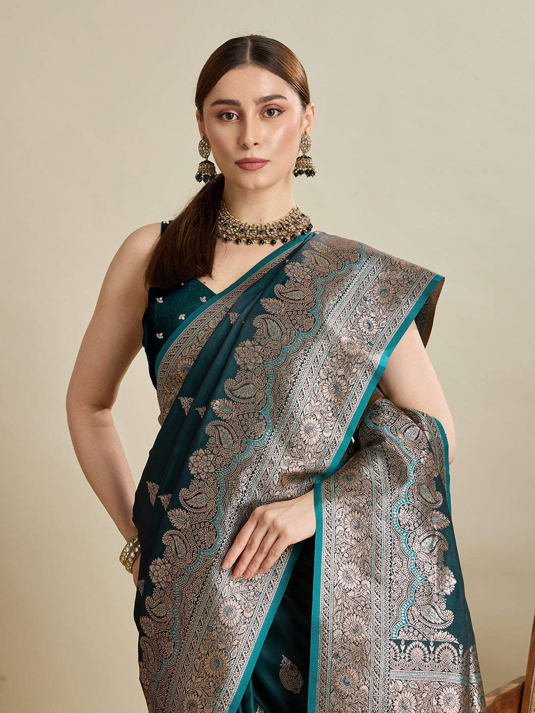 ANNU TEAL PURE SILK SAREE FEATURING TRADITIONAL BANARSI ZARI WEAVING PATTERNS