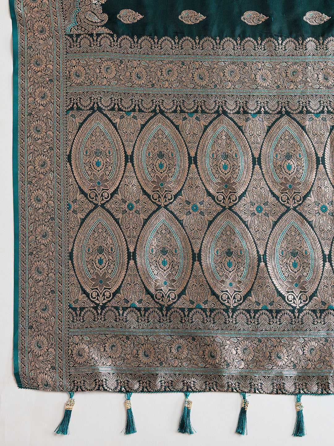 ANNU TEAL PURE SILK SAREE FEATURING TRADITIONAL BANARSI ZARI WEAVING PATTERNS