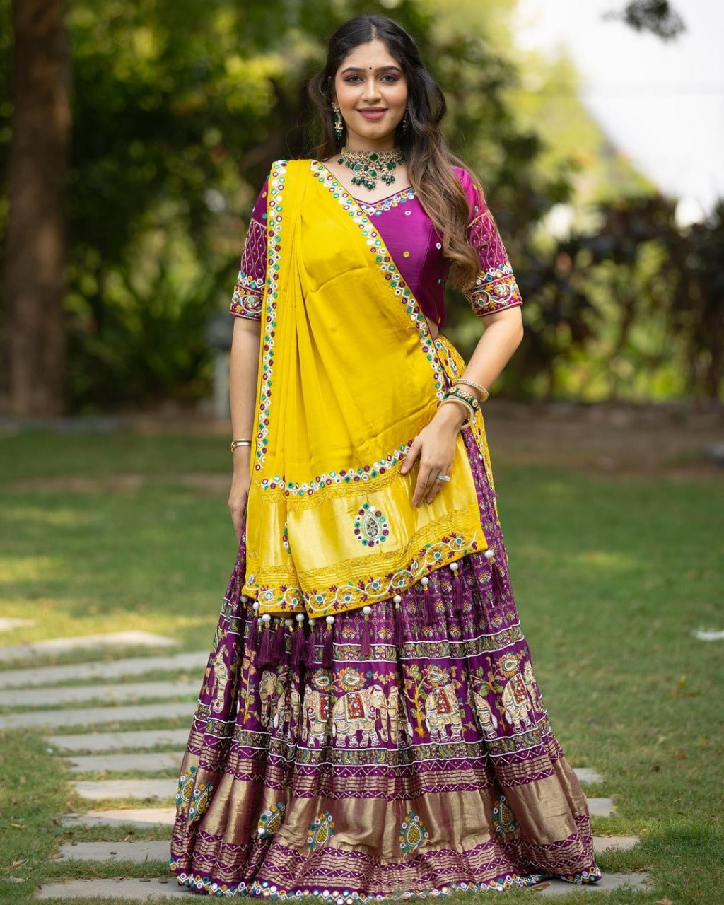 MUSTARD FLORAL & PATOLA PRINT TUSSA SILK LAHENGA CHOLI WITH DUPATTA