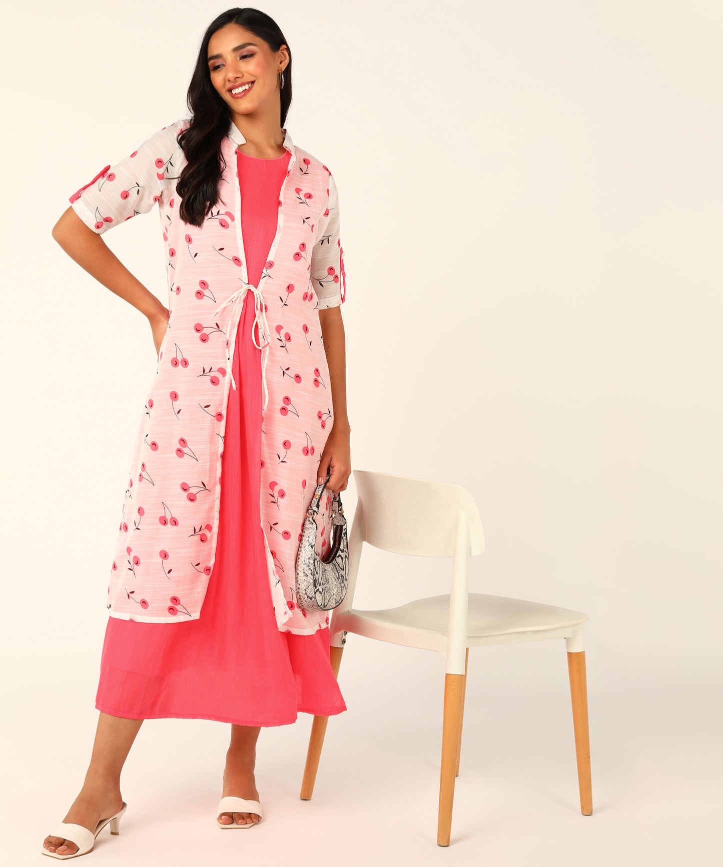 Kurta with Overlay or a Long Jacket Or Shrug with Umbrella Cut Inner Midi Dress