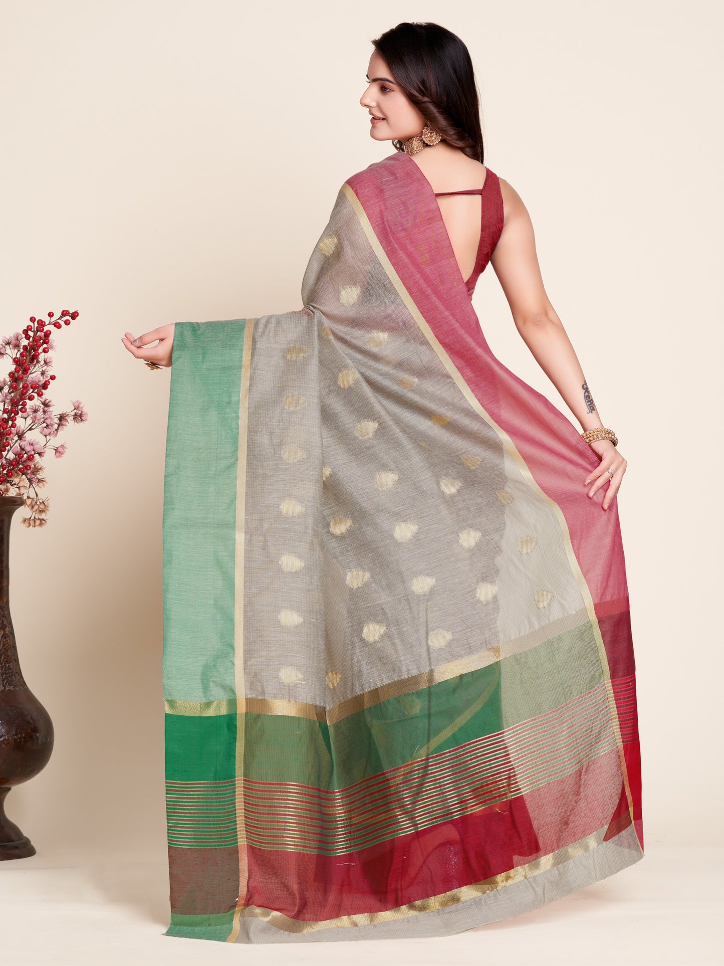 ANJANEYA SAREE AQUA BLUE COTTON WOVEN SAREE WITH UNSTITCHED BLOUSE