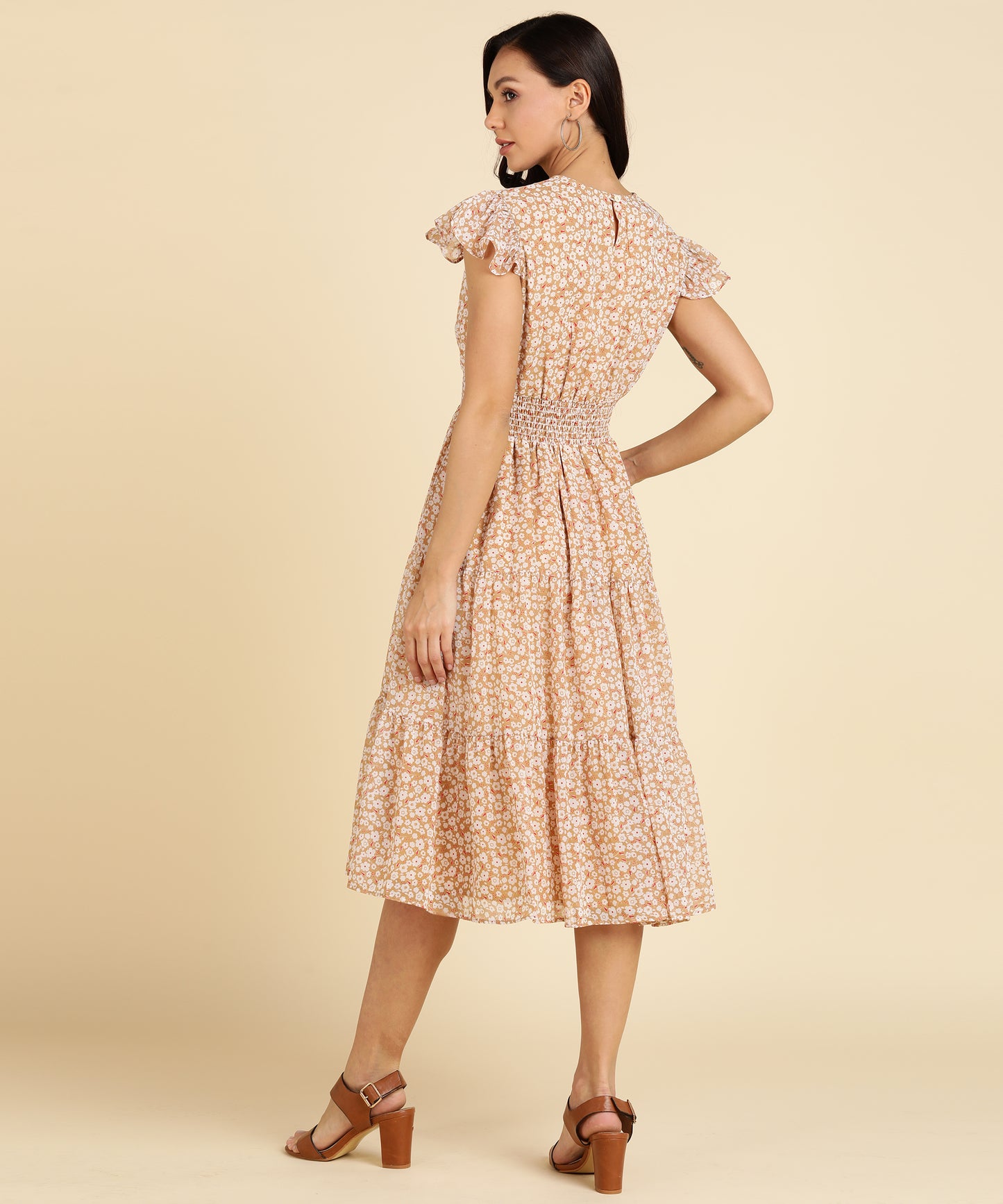MONOCHROME FLORAL TIERED MIDI DRESS