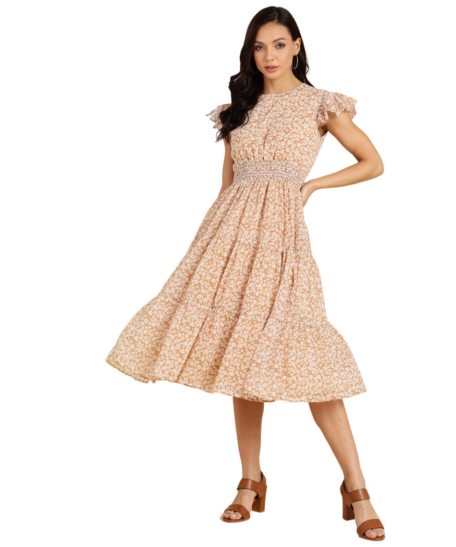 MONOCHROME FLORAL TIERED MIDI DRESS