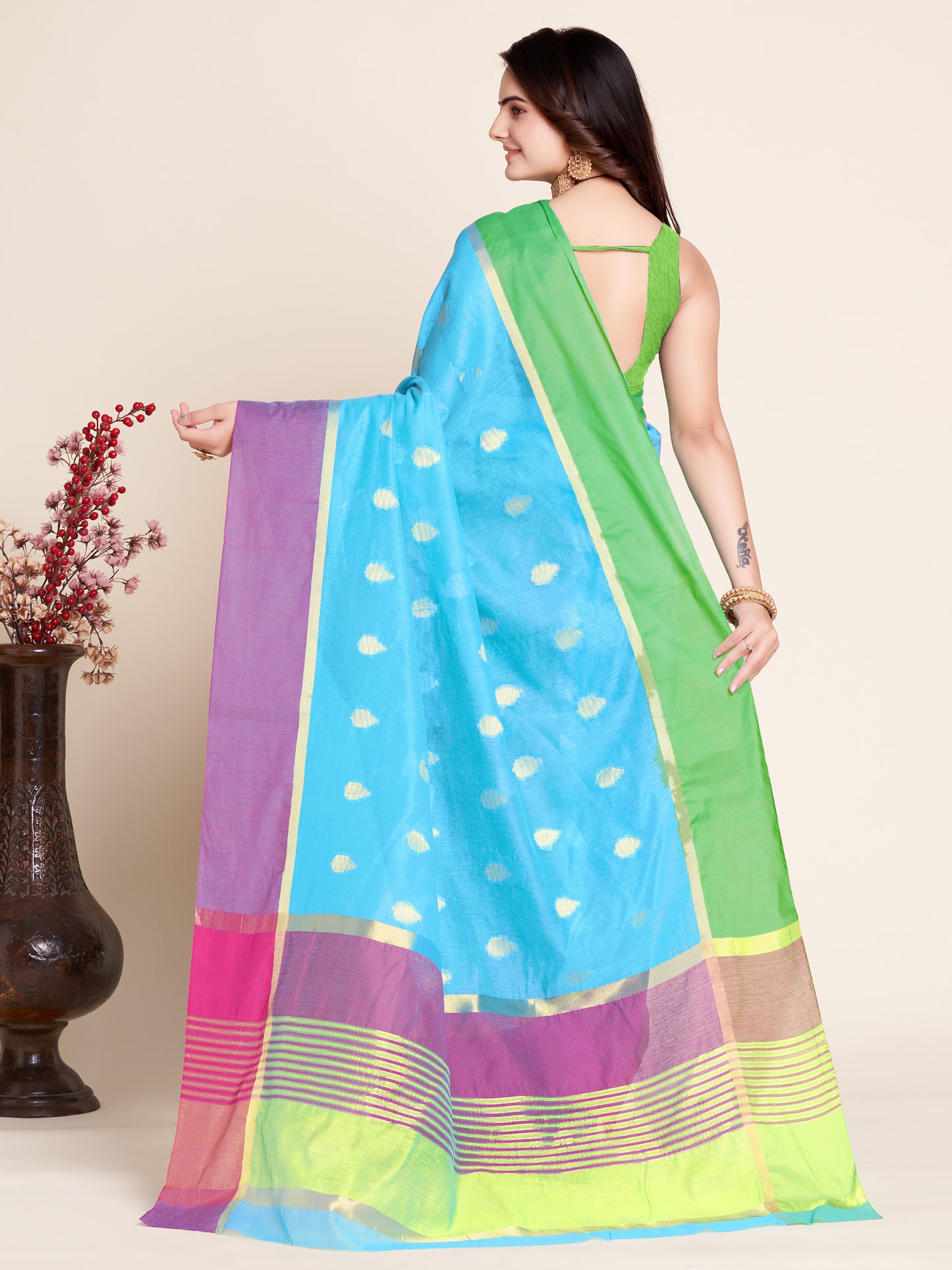 ANJANEYA SAREE AQUA BLUE COTTON WOVEN SAREE WITH UNSTITCHED BLOUSE
