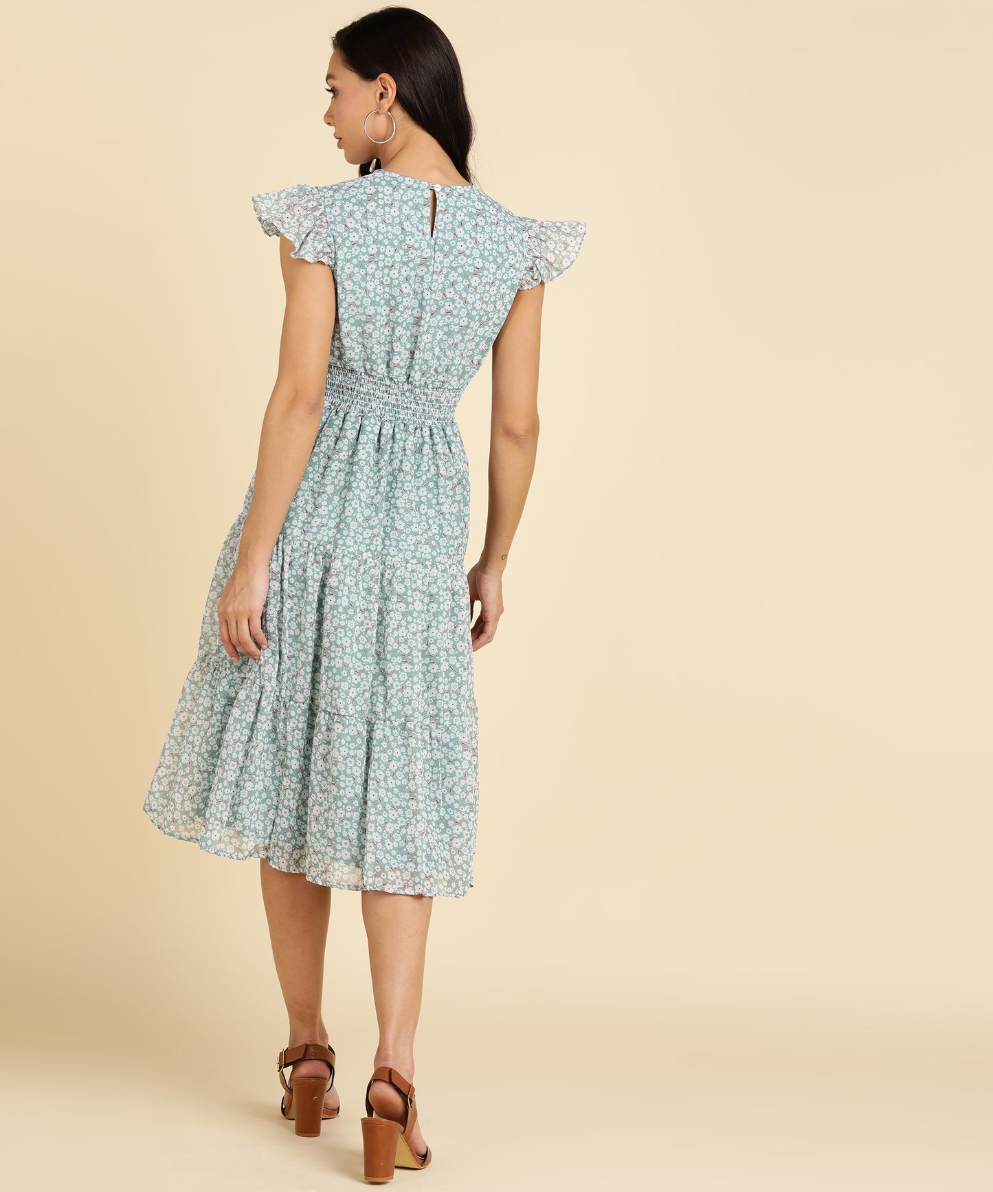 MONOCHROME FLORAL TIERED MIDI DRESS