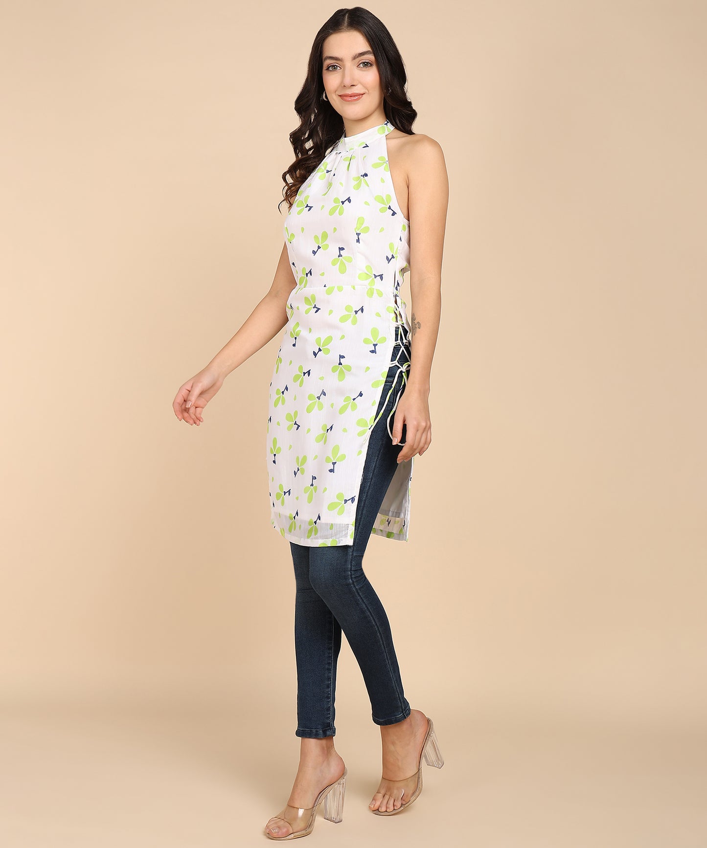 FLORAL PRINT HALTER TUNIC TOP