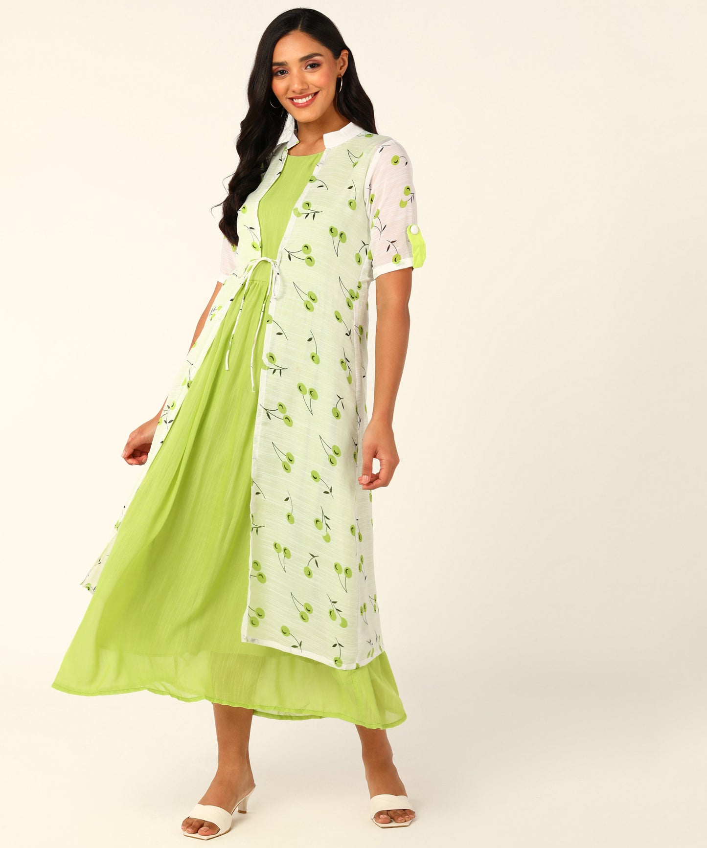 Kurta with Overlay or a Long Jacket Or Shrug with Umbrella Cut Inner Midi Dress