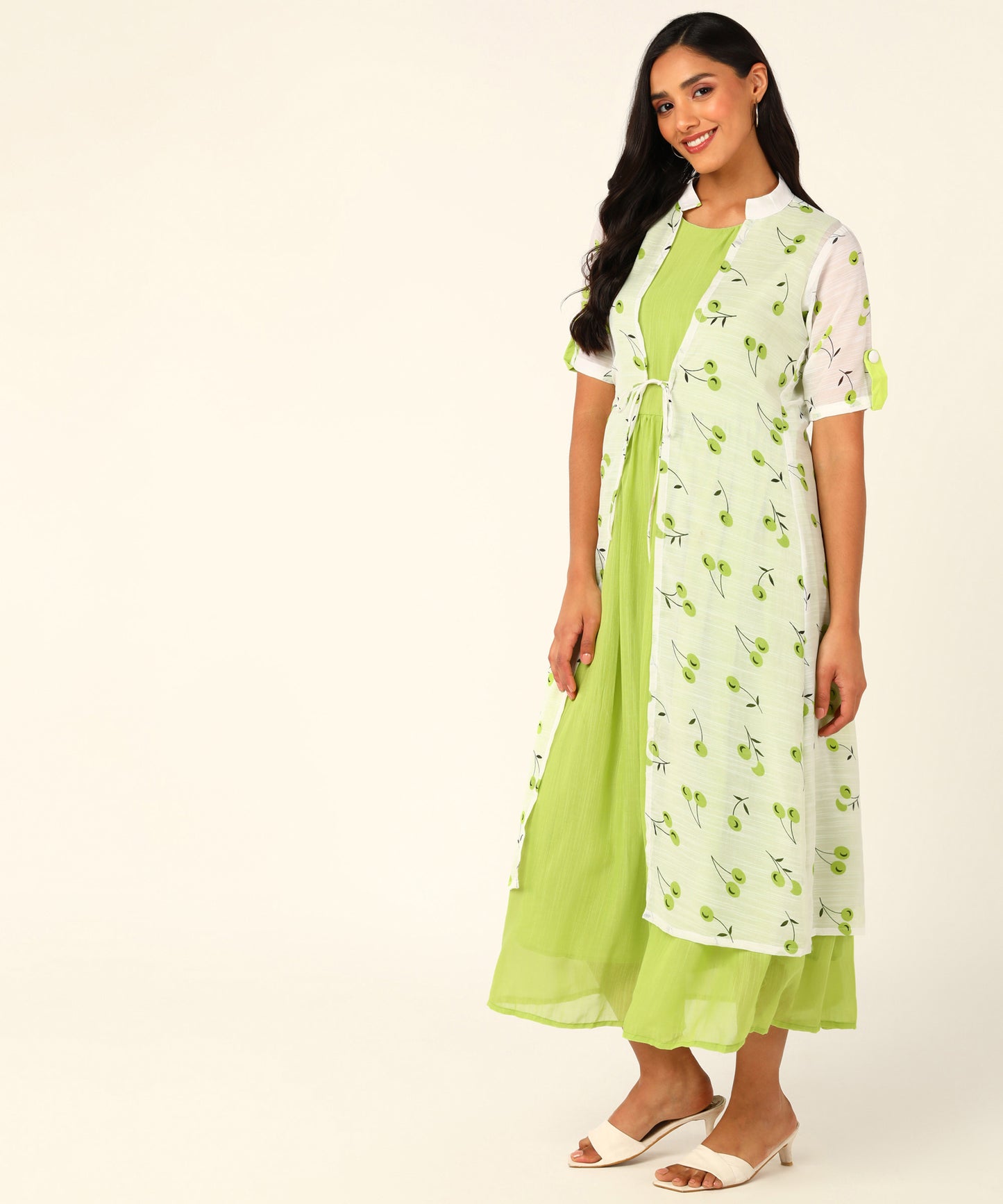 Kurta with Overlay or a Long Jacket Or Shrug with Umbrella Cut Inner Midi Dress