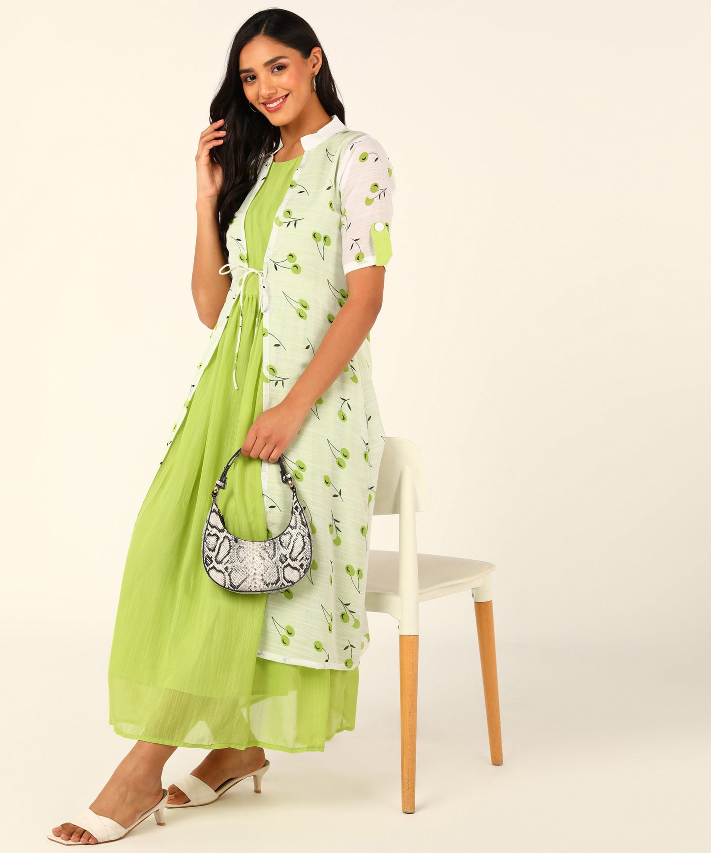 Kurta with Overlay or a Long Jacket Or Shrug with Umbrella Cut Inner Midi Dress