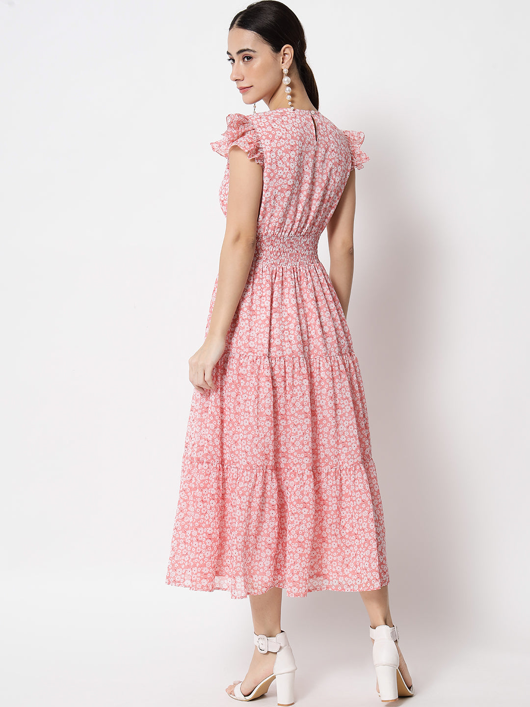 MONOCHROME FLORAL TIERED MIDI DRESS