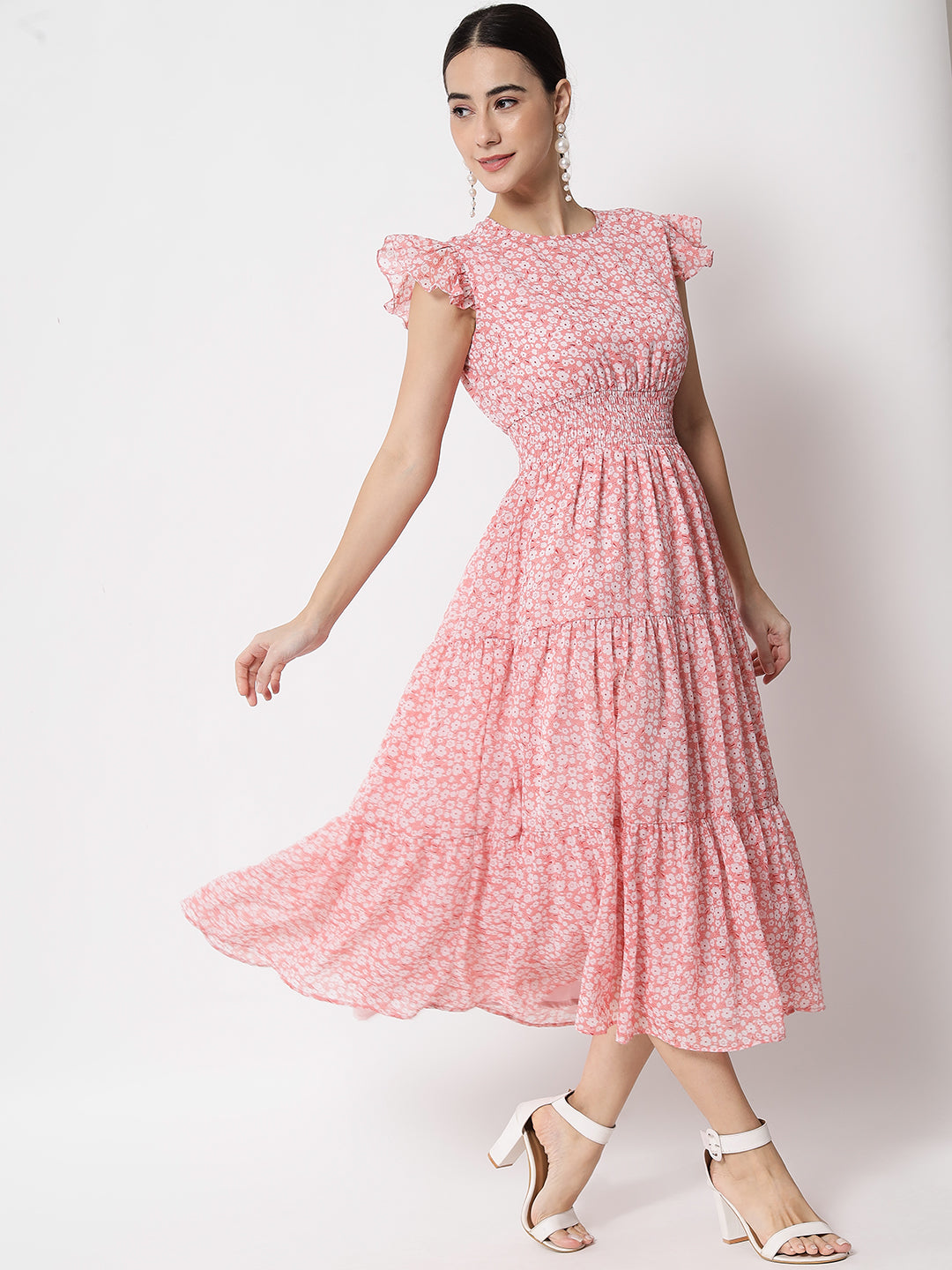 MONOCHROME FLORAL TIERED MIDI DRESS