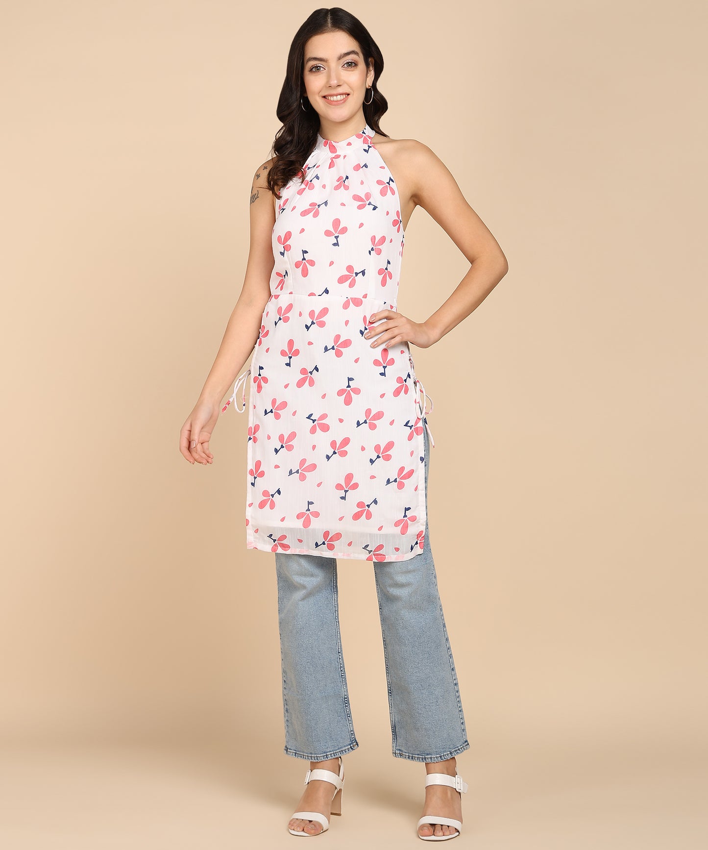 FLORAL PRINT HALTER TUNIC TOP