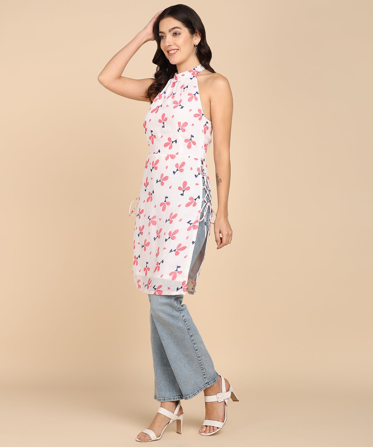 FLORAL PRINT HALTER TUNIC TOP