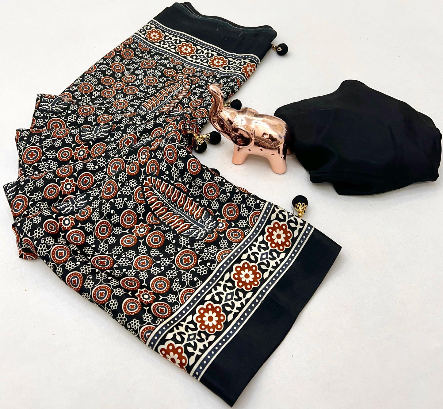AJRAK PRINTED PURE CRAP SATIN SAREE