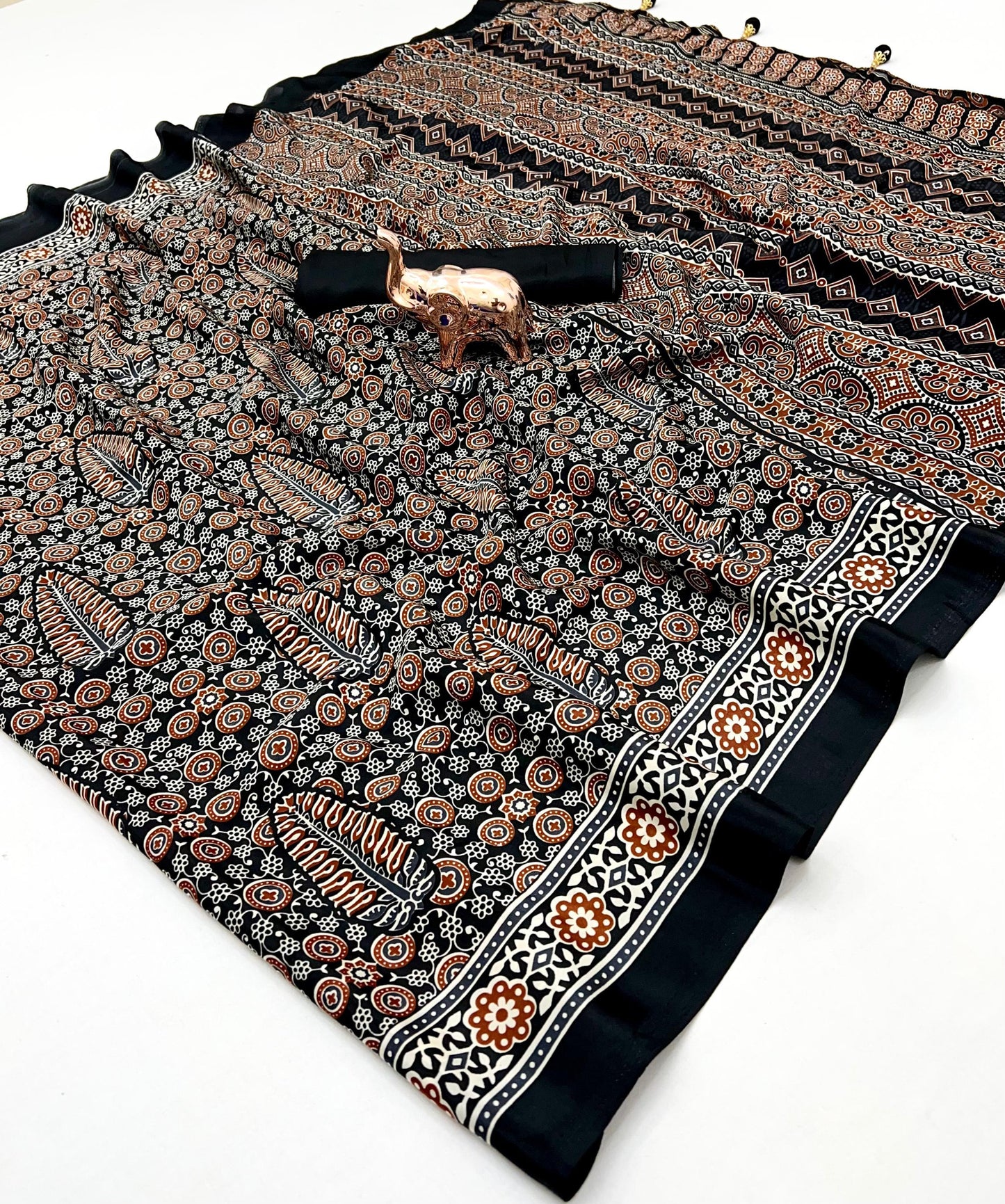 AJRAK PRINTED PURE CRAP SATIN SAREE