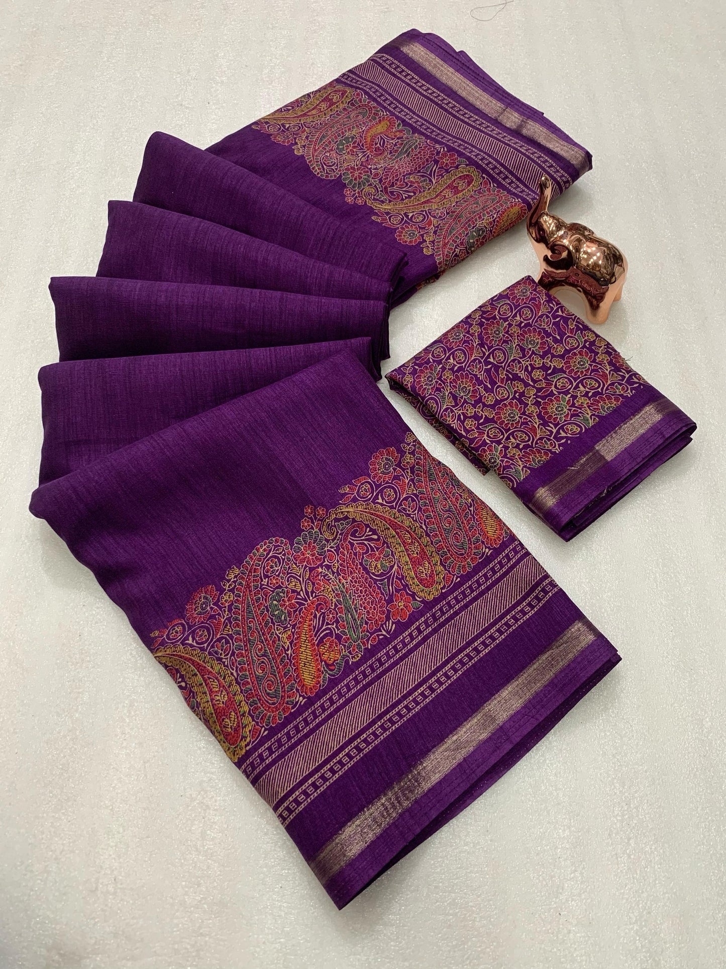 KASHMIRI PURE SOF TUSSER PRINTED SAREE GOLDEN BORDER