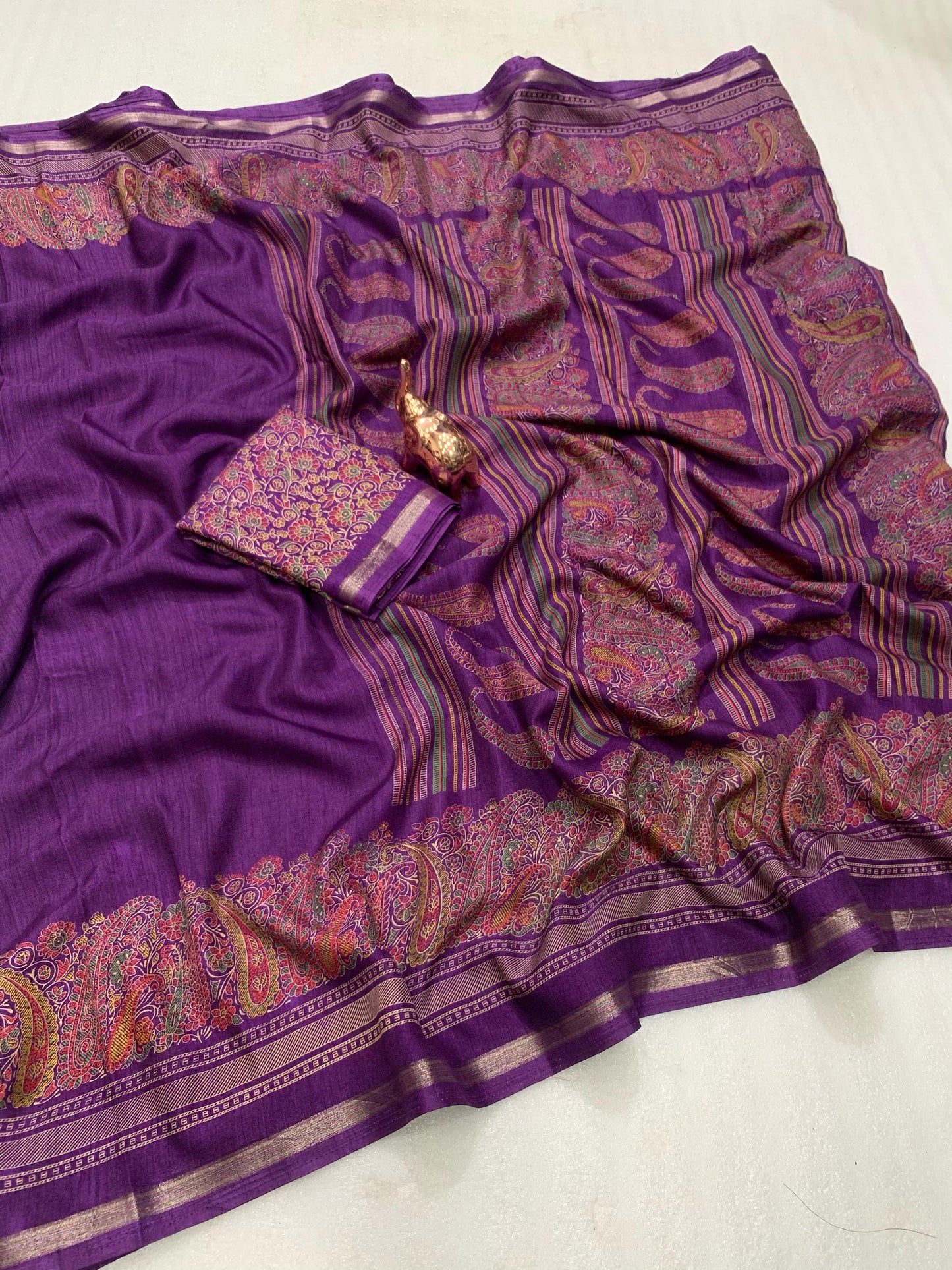 KASHMIRI PURE SOF TUSSER PRINTED SAREE GOLDEN BORDER