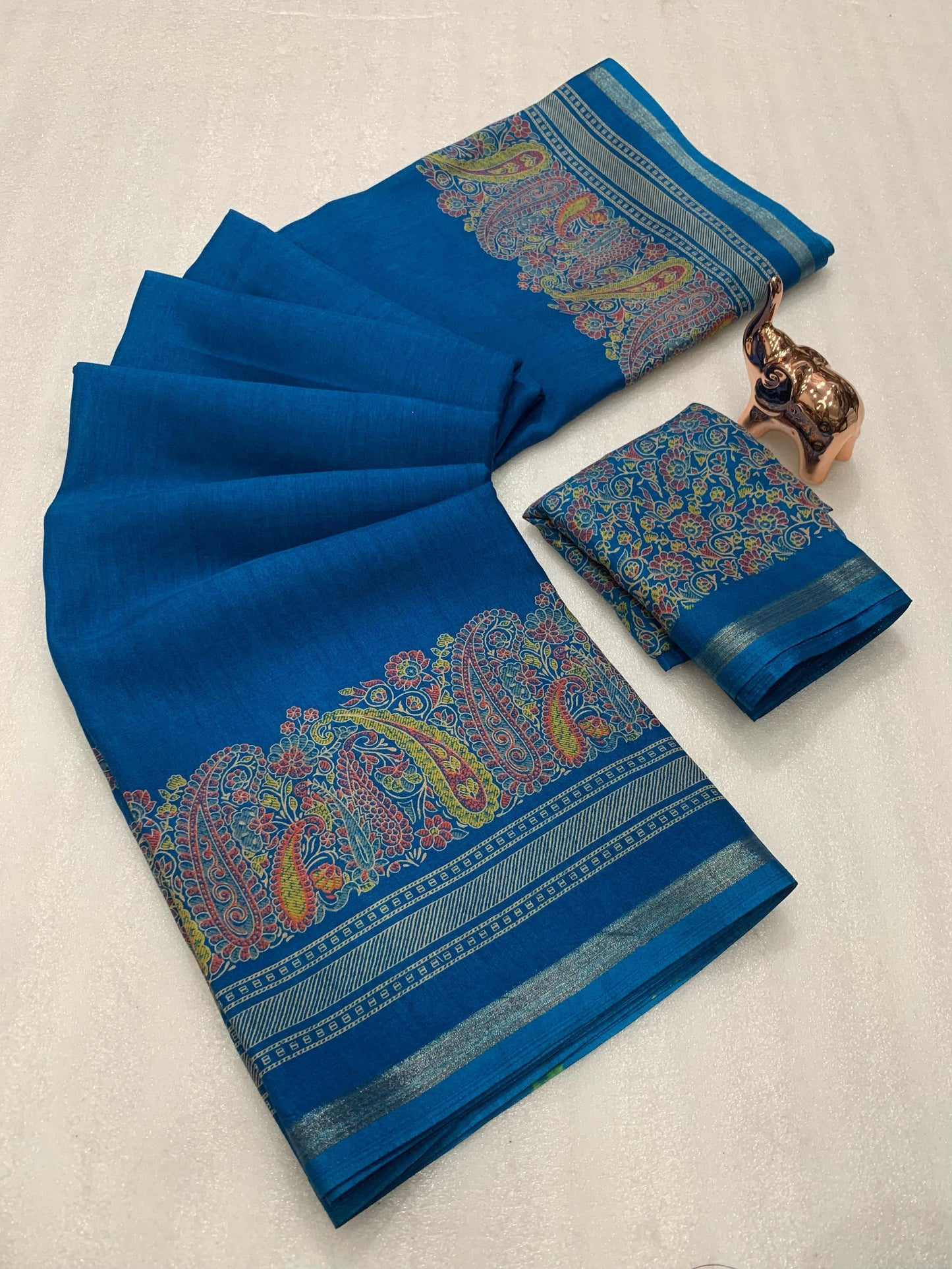 KASHMIRI PURE SOF TUSSER PRINTED SAREE GOLDEN BORDER