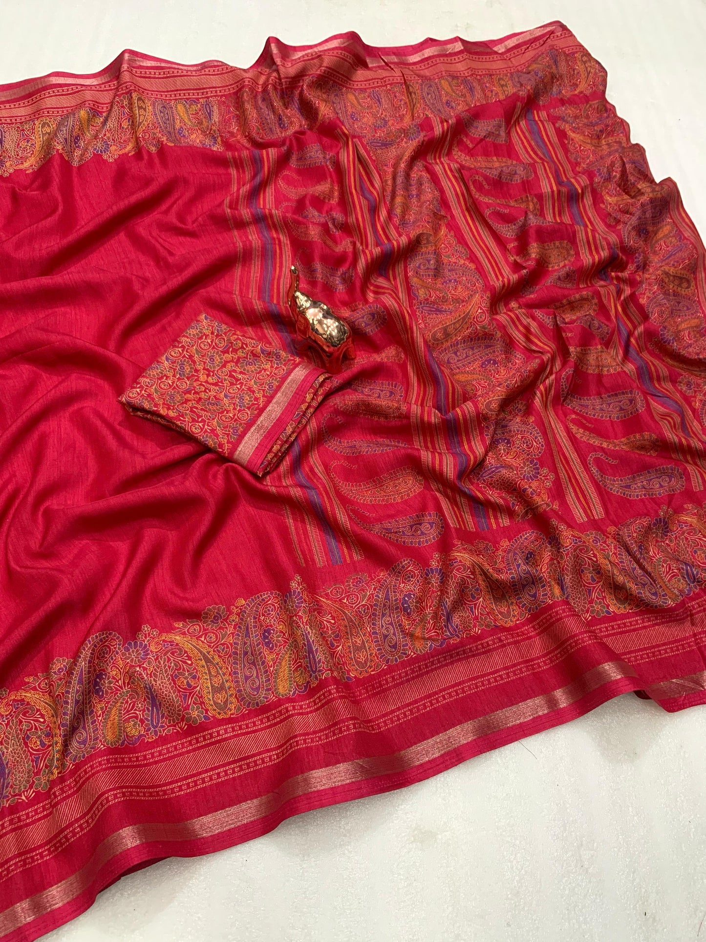 KASHMIRI PURE SOF TUSSER PRINTED SAREE GOLDEN BORDER