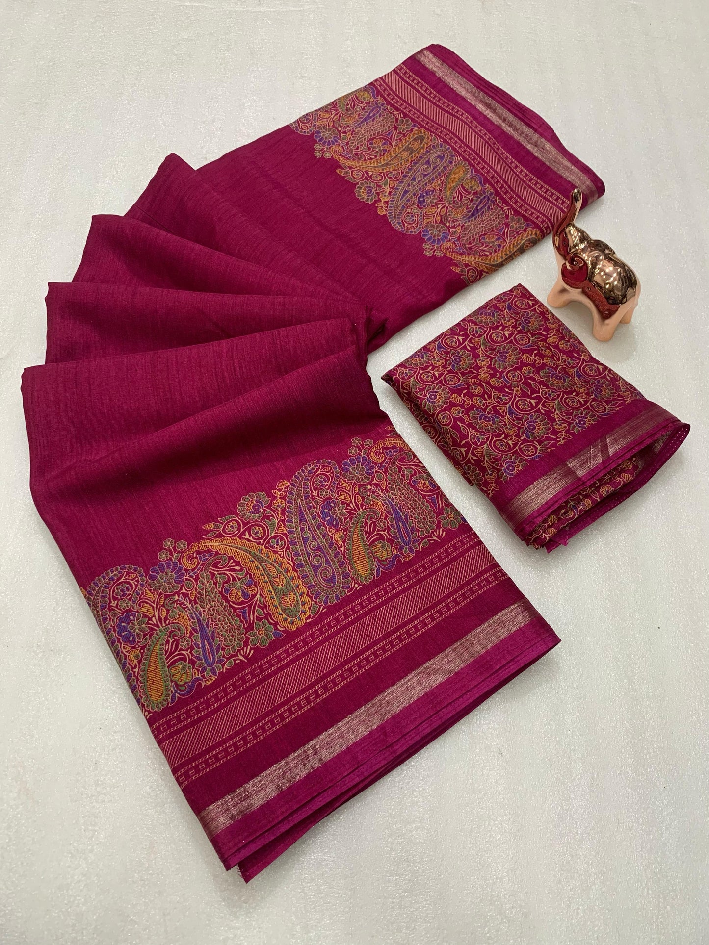 KASHMIRI PURE SOF TUSSER PRINTED SAREE GOLDEN BORDER
