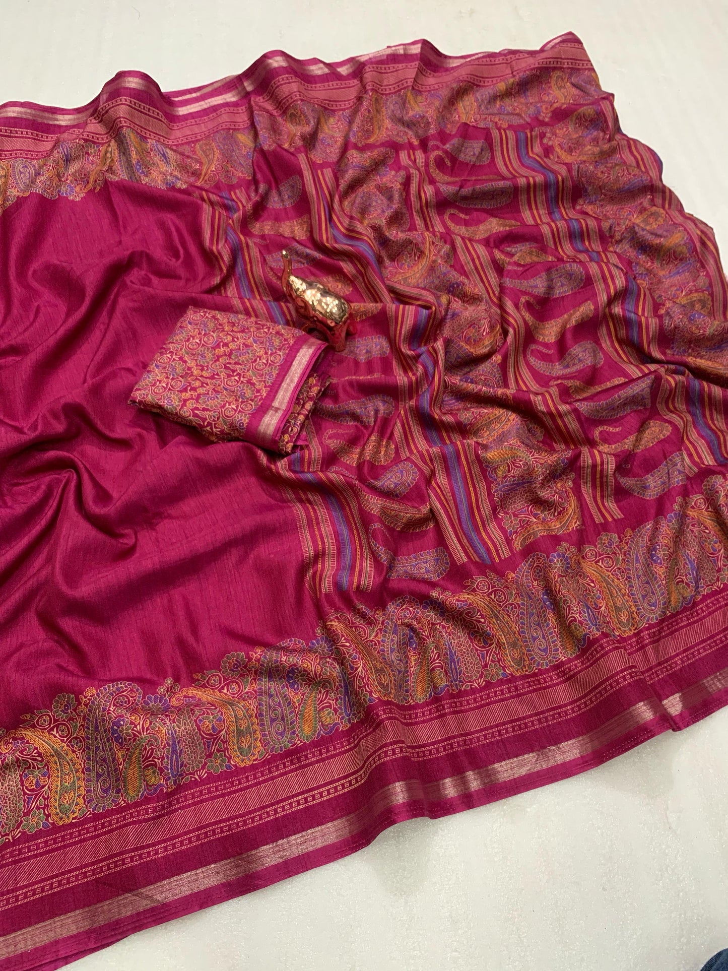 KASHMIRI PURE SOF TUSSER PRINTED SAREE GOLDEN BORDER