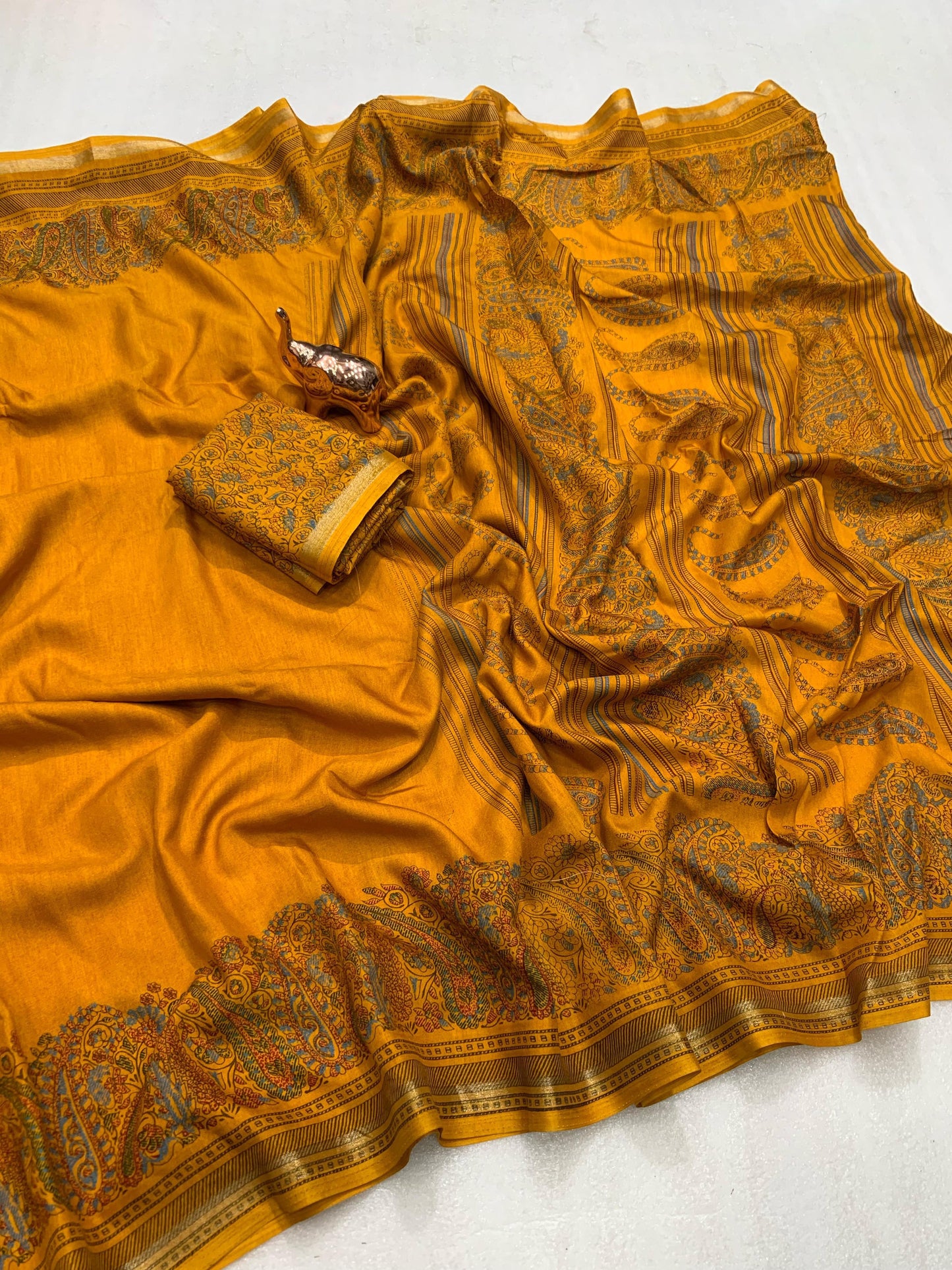 KASHMIRI PURE SOF TUSSER PRINTED SAREE GOLDEN BORDER