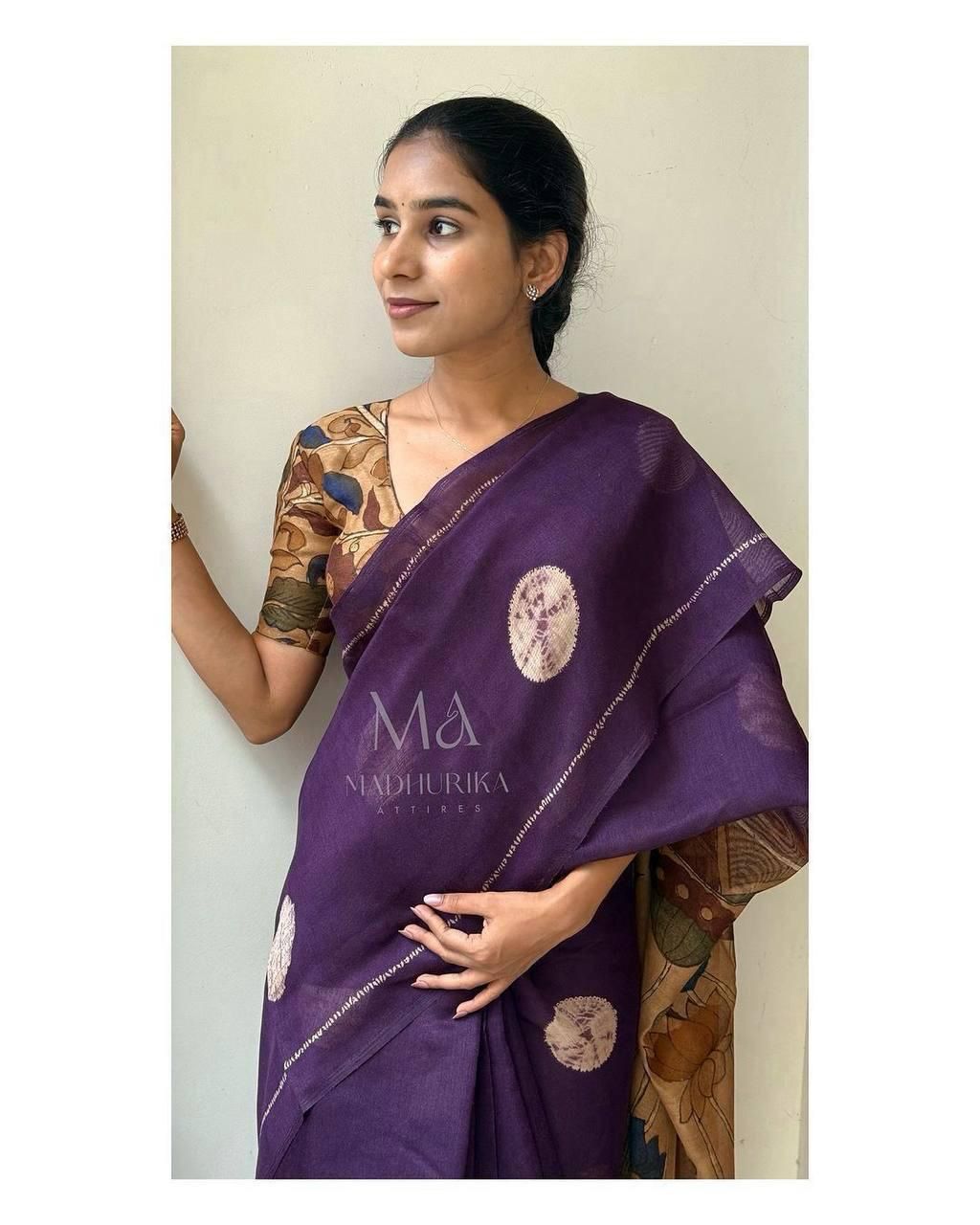KALAMKARI SOFT LENIN LIGHT WEIGTH PRINTED BATIK SAREE & PRINTEED BLOUSE