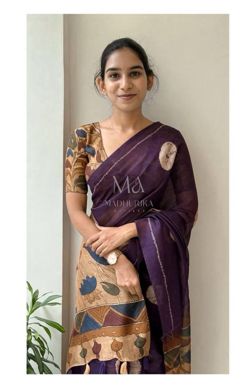 KALAMKARI SOFT LENIN LIGHT WEIGTH PRINTED BATIK SAREE & PRINTEED BLOUSE
