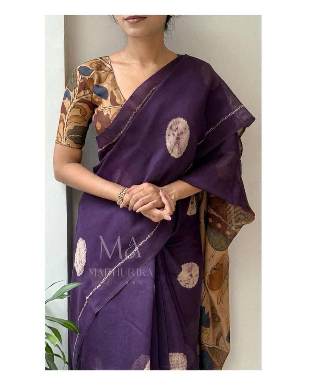 KALAMKARI SOFT LENIN LIGHT WEIGTH PRINTED BATIK SAREE & PRINTEED BLOUSE