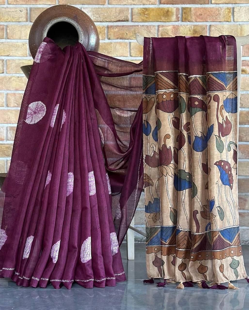 KALAMKARI SOFT LENIN LIGHT WEIGTH PRINTED BATIK SAREE & PRINTEED BLOUSE