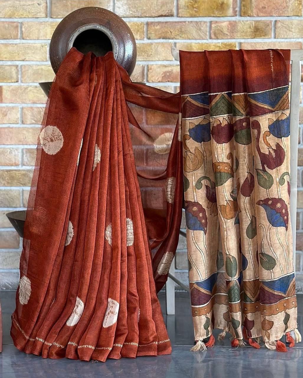 KALAMKARI SOFT LENIN LIGHT WEIGTH PRINTED BATIK SAREE & PRINTEED BLOUSE