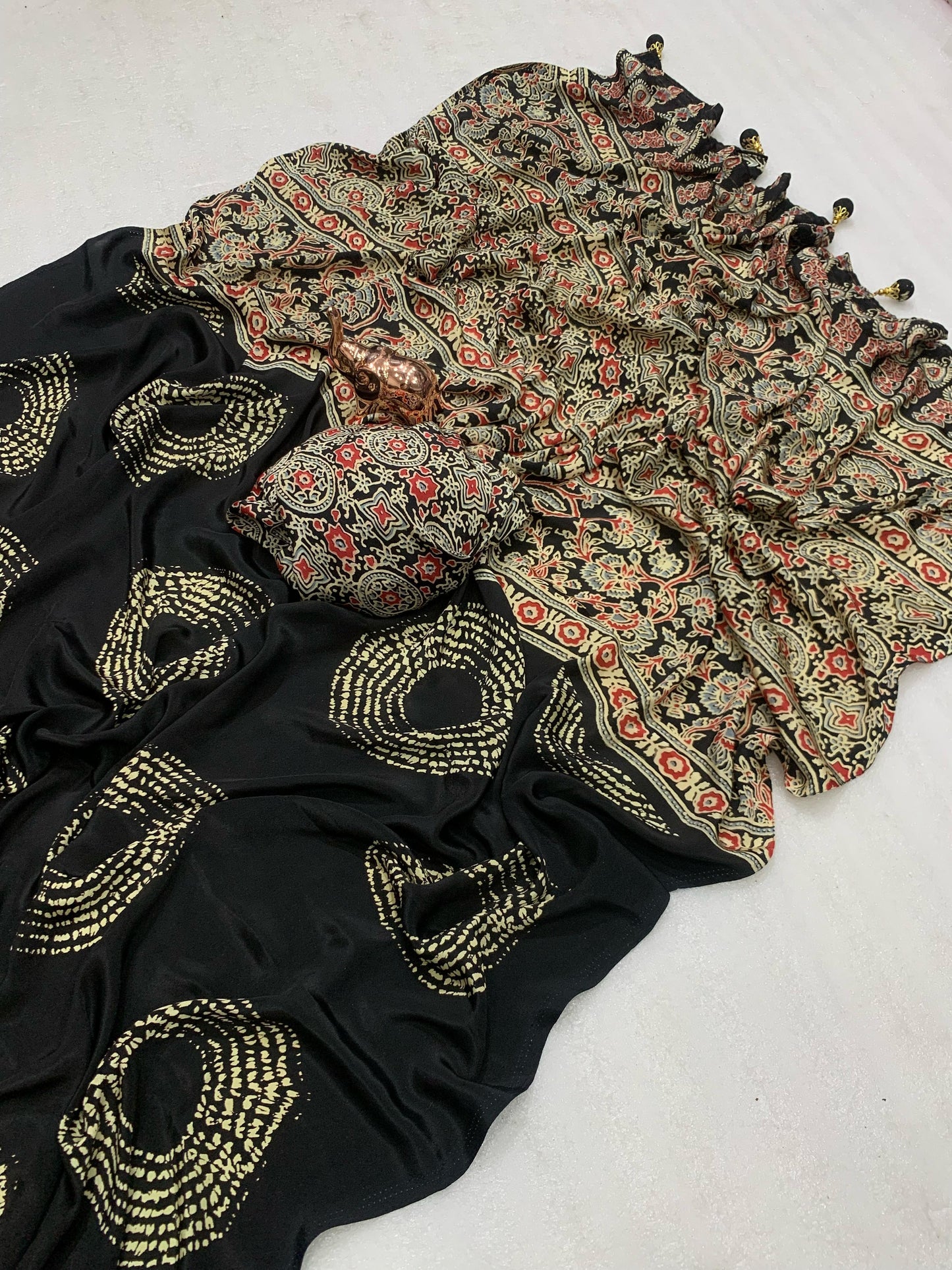 AJRAK PRINTED PURE SATIN RICH PALLU SAREE