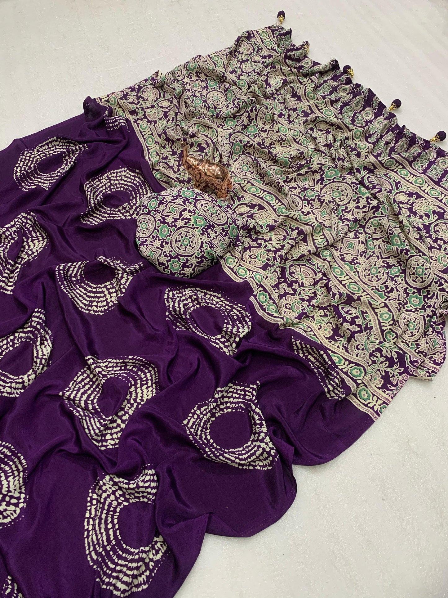 AJRAK PRINTED PURE SATIN RICH PALLU SAREE