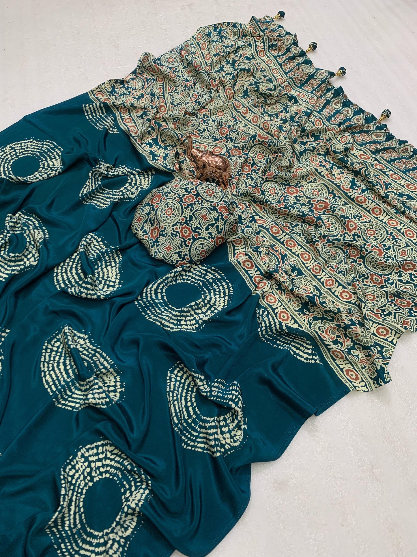AJRAK PRINTED PURE SATIN RICH PALLU SAREE