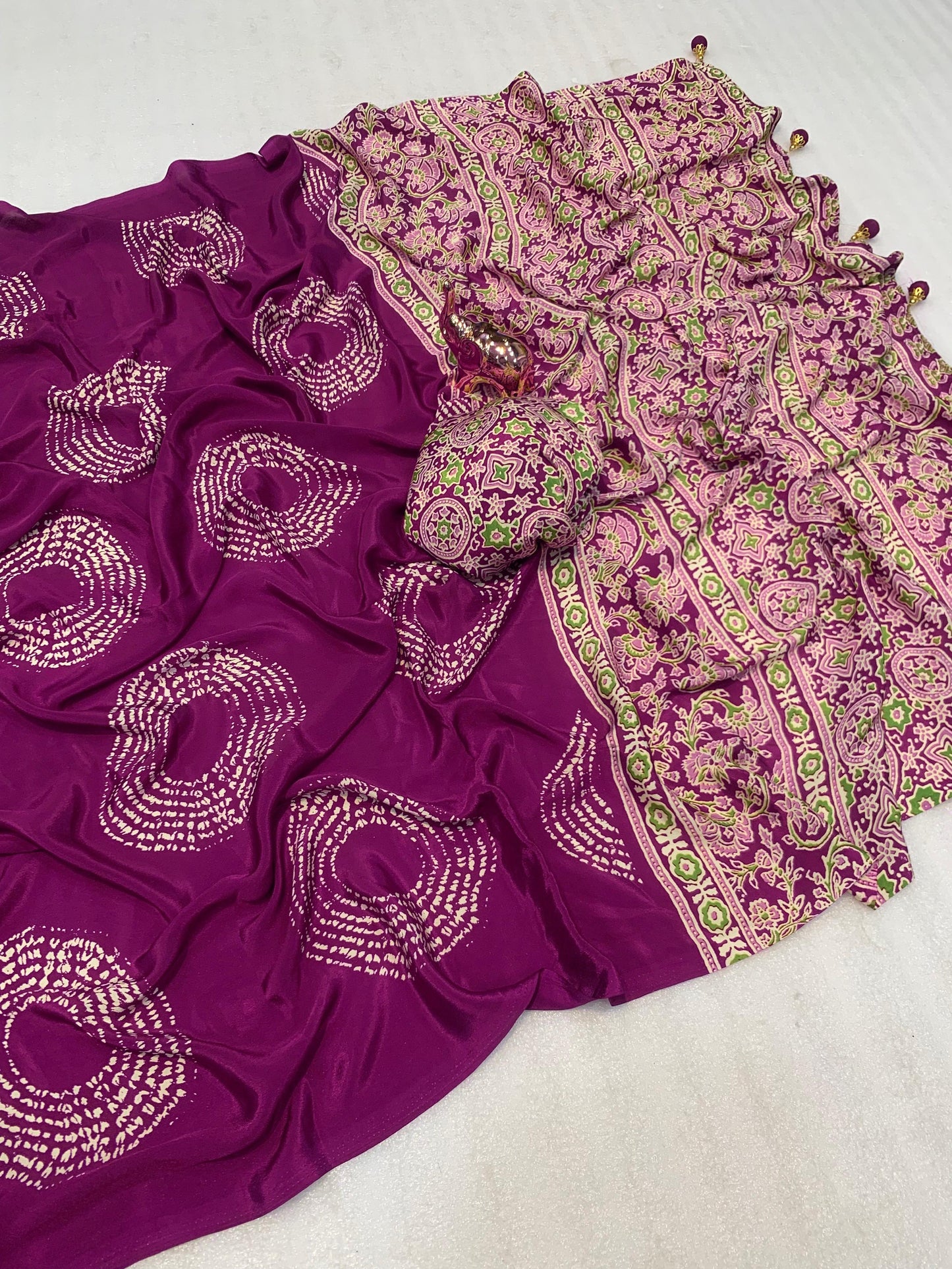 AJRAK PRINTED PURE SATIN RICH PALLU SAREE
