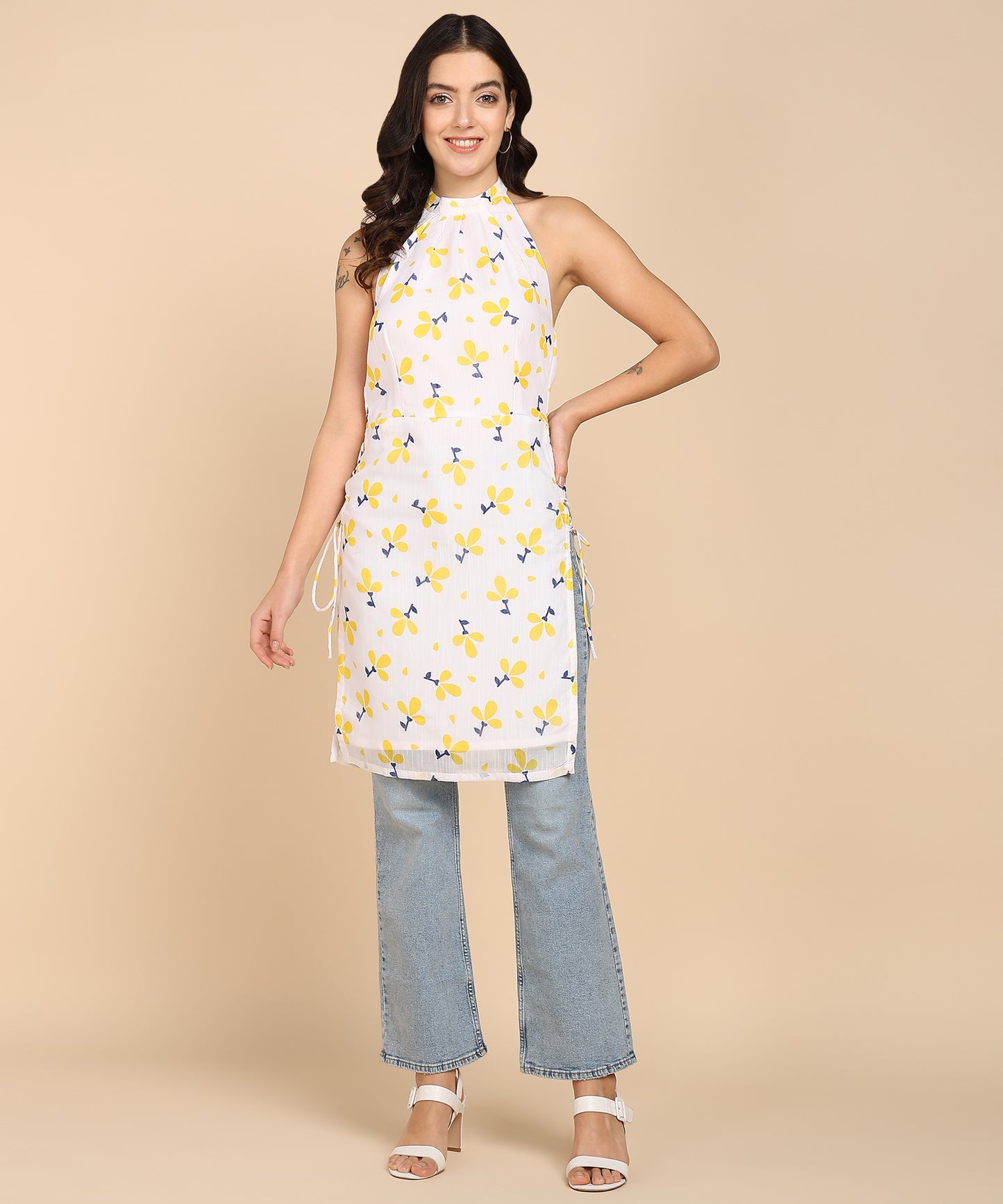 FLORAL PRINT HALTER TUNIC TOP