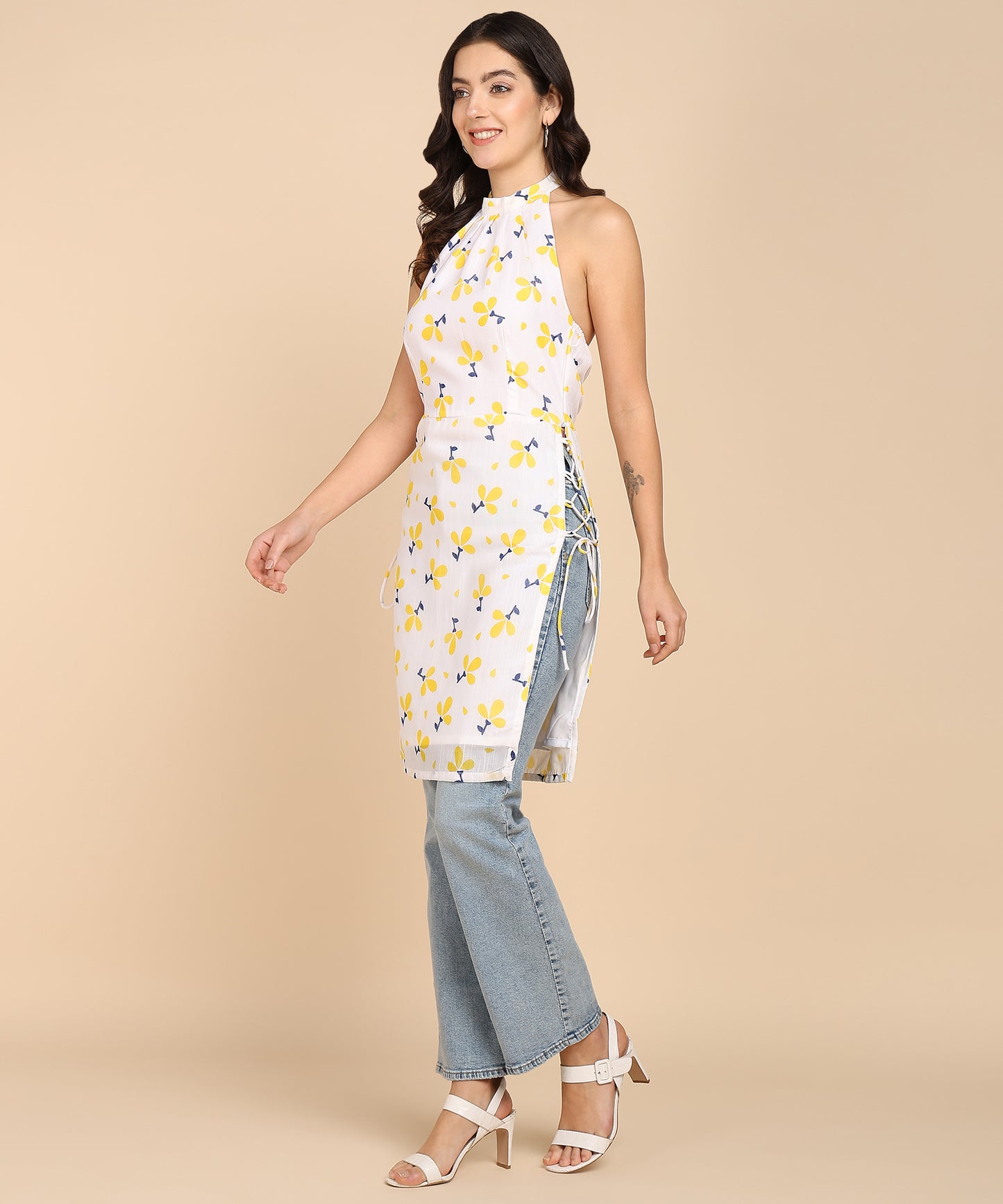 FLORAL PRINT HALTER TUNIC TOP