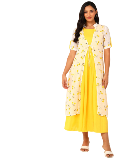 Kurta with Overlay or a Long Jacket Or Shrug with Umbrella Cut Inner Midi Dress
