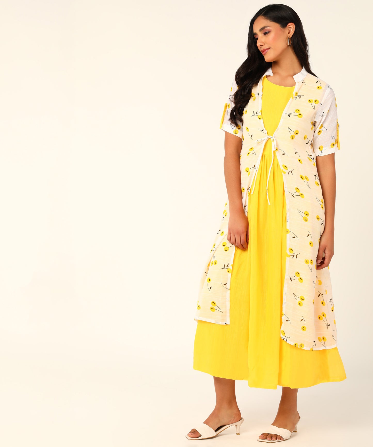 Kurta with Overlay or a Long Jacket Or Shrug with Umbrella Cut Inner Midi Dress