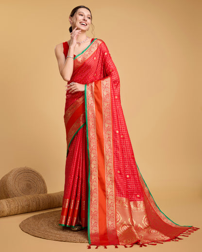 SARVADA WOVEN, CHECKERED KANJIVARAM PURE SILK SAREE