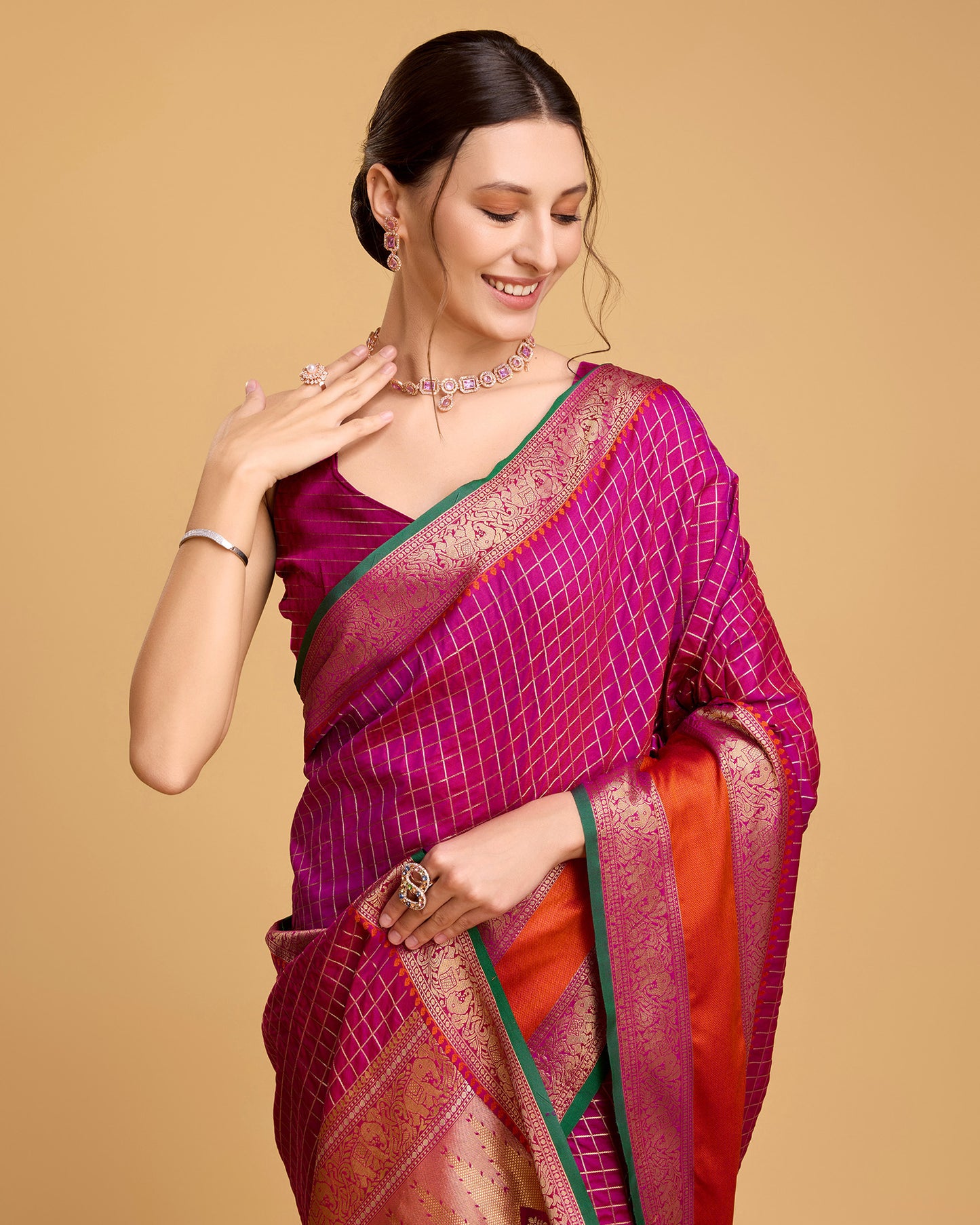 KAVYA WOVEN, CHECKERED KANJIVARAM PURE SILK SAREE