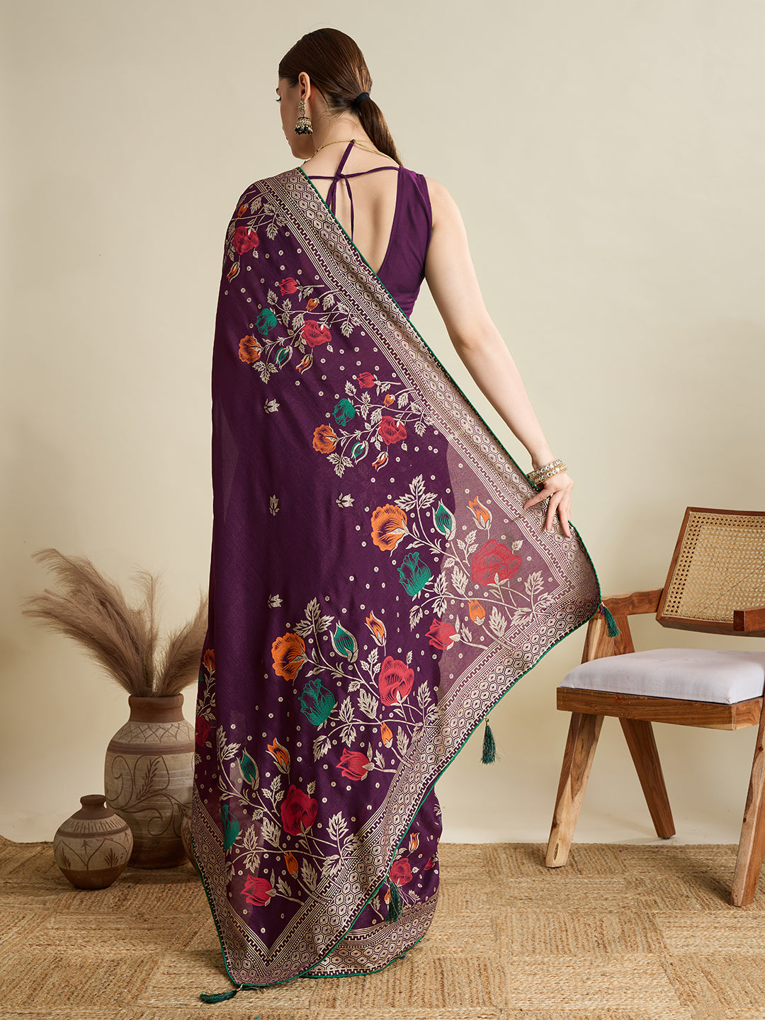 TEAL PRINTED COTTON SAREE WITH BLOUSE PIECE