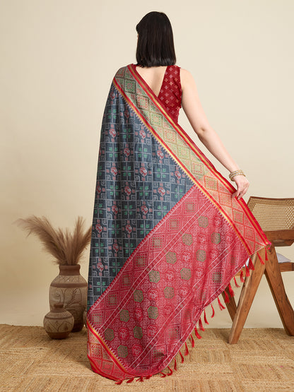 SATRANI NAVY PRINTED SAREE WITH UNSTITCHED BLOUSE