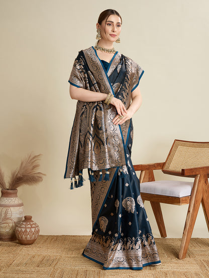 KAVYA BLUE SATIN SILK ZARI WOVEN SAREE