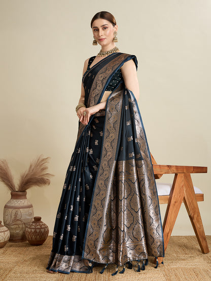SMRITI TEAL PURE SILK SAREE FEATURING TRADITIONAL BANARSI ZARI WEAVING PATTERNS