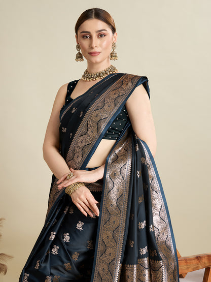 SMRITI TEAL PURE SILK SAREE FEATURING TRADITIONAL BANARSI ZARI WEAVING PATTERNS